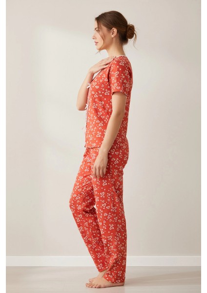 Marsilyan- Kadın Turuncu Kalp Desenli Fiyonklu Kısa Kollu Uzun Pijama Takımı fırsatları