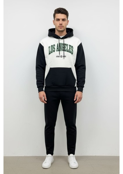 Erkek Pamuklu Yazı Baskılı Renk Üç Ip Şardonlu Basic Kapüşonlu Sweatshirt