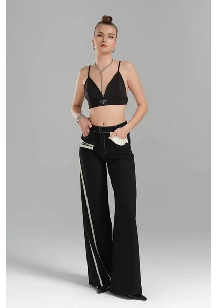 Tw3 Kadın Dokuma Kumaş Arka Kemer Lastikli Tasarım Pantolon