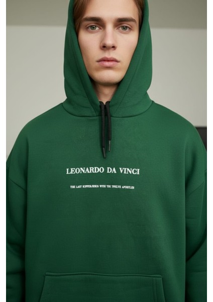 Erkek Yeşil Son Akşam Yemeği Baskılı Pamuklu 3 Ip Şardonlu Basic Kapüşonlu Sweatshirt