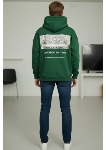 Erkek Yeşil Son Akşam Yemeği Baskılı Pamuklu 3 Ip Şardonlu Basic Kapüşonlu Sweatshirt fiyatları