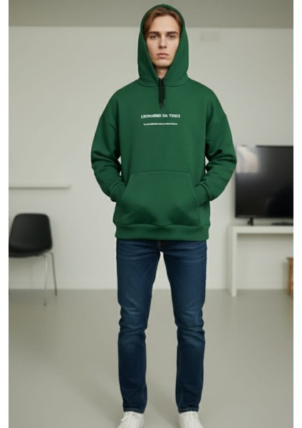 Erkek Yeşil Son Akşam Yemeği Baskılı Pamuklu 3 Ip Şardonlu Basic Kapüşonlu Sweatshirt modelleri