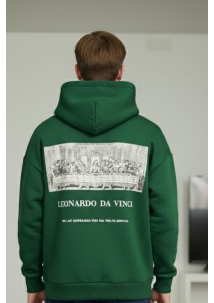 Erkek Yeşil Son Akşam Yemeği Baskılı Pamuklu 3 Ip Şardonlu Basic Kapüşonlu Sweatshirt indirimleri