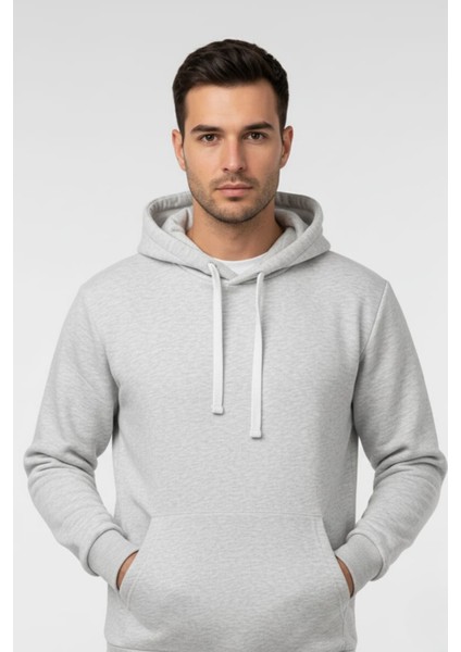 Erkek Pamuklu Düz Renk Üç Ip Şardonlu Basic Kapüşonlu Sweatshirt