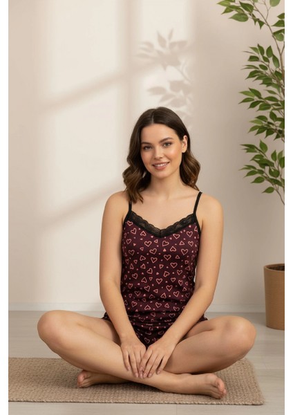 Marsilyan- Kadın Mor Kalp Desenli Askılı Şortlu Dantelli Pijama Takımı