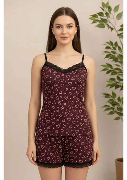 Marsilyan- Kadın Mor Kalp Desenli Askılı Şortlu Dantelli Pijama Takımı fiyatları