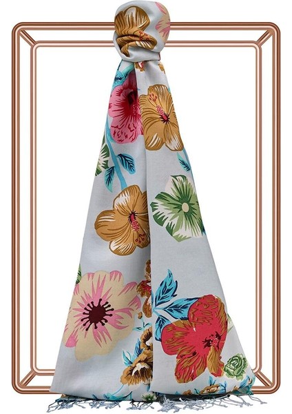 Ipekevi Desenli Ipek Şal - Floral Desenli - Bebe Mavisi