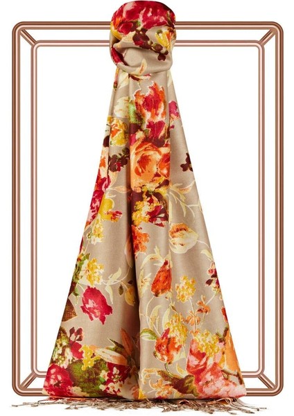 Ipekevi Desenli Ipek Şal - Gül Bahçesi Desenli - Bej