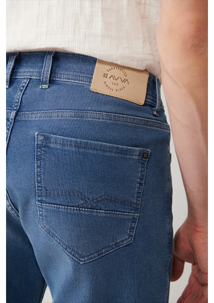 Erkek İndigo Eskitme Yıkamalı Fitilli Esnek Berlin Slim Fit Jean Pantolon A41Y3508