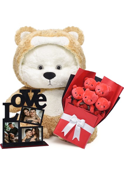 Sevgililer Günü Hediyesi – 90 cm Uykumcuk Ayıcık, Mini Buket ve Dekoratif Çerçeve