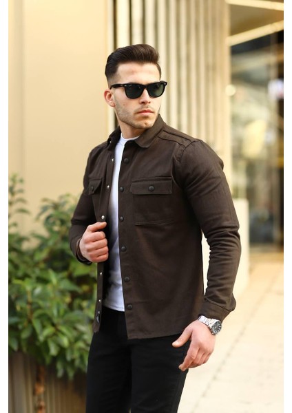 Koyu Toprak Renk Çıtçıt Düğmeli Kot Gömlek