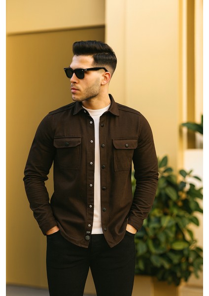 Koyu Toprak Renk Çıtçıt Düğmeli Kot Gömlek modelleri