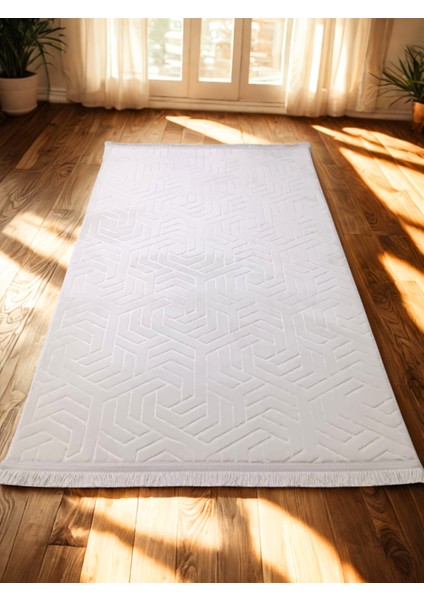 Armoni Saçaklı Kaymaz Tabanlı Kesme Kabartmalı Salon Koridor Mutfak Hali Beyaz Krem fırsatları