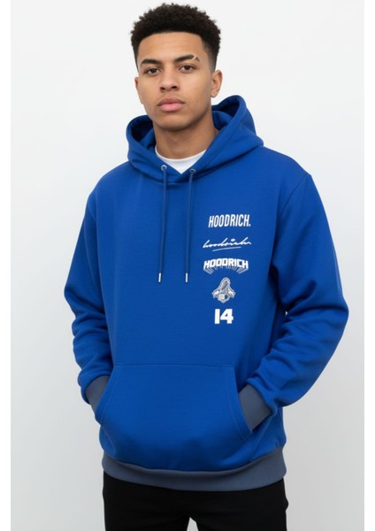 Erkek Lacivert Baskılı Pamuklu 3 Ip Şardonlu Basic Kapüşonlu Sweatshirt