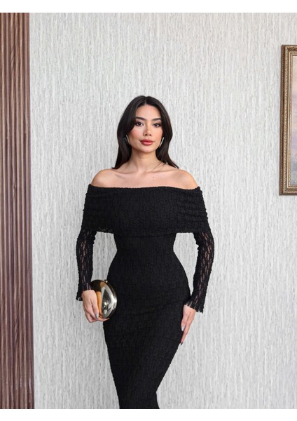 Açık Omuz Güpür Desenli Uzun Elbise fırsatları