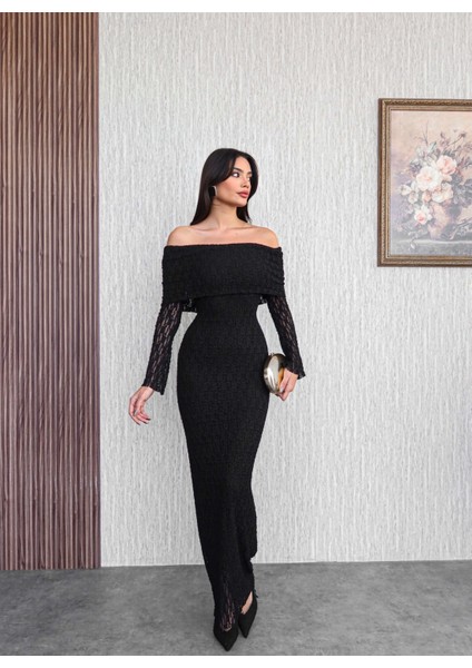 Açık Omuz Güpür Desenli Uzun Elbise