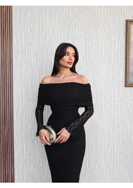 Açık Omuz Güpür Desenli Uzun Elbise fiyatları