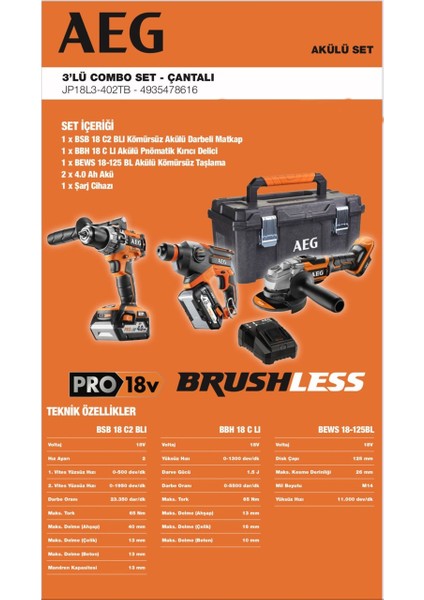 JP18L3-402TB 2x4.0Ah Çift Akülü Kombo Set - Darbeli Matkap + Kırıcı Delici + Kömürsüz Taşlama - 4935478616 fiyatları