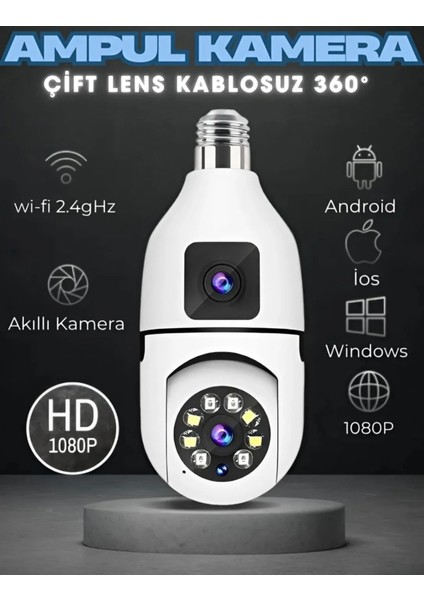 Akıllı Wireless Ampül Kamera 360DERECE Hareketli Çift Kameralı
