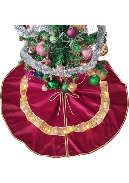 LED Işıklı Yılbaşı Çam Ağacı Altı Örtüsü, Yılbaşı Ağacı Altı Işıklı Örtü, Bordo Renk Kadife, 80 cm