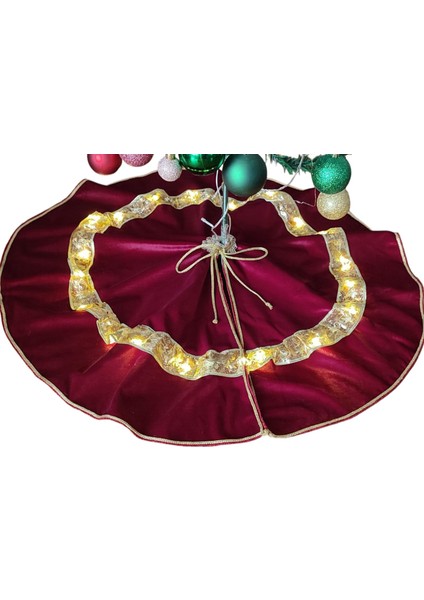 LED Işıklı Yılbaşı Çam Ağacı Altı Örtüsü, Yılbaşı Ağacı Altı Işıklı Örtü, Bordo Renk Kadife, 80 cm modelleri