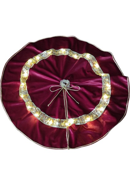 LED Işıklı Yılbaşı Çam Ağacı Altı Örtüsü, Yılbaşı Ağacı Altı Işıklı Örtü, Bordo Renk Kadife, 80 cm
