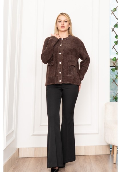 Sahte Dikiş Detaylı Yün Sakal Taş Düğmeli Hırka 25202