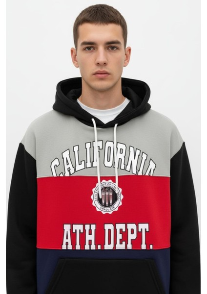 Erkek Pamuklu Yazı Baskılı Renk Üç Ip Şardonlu Basic Kapüşonlu Sweatshirt