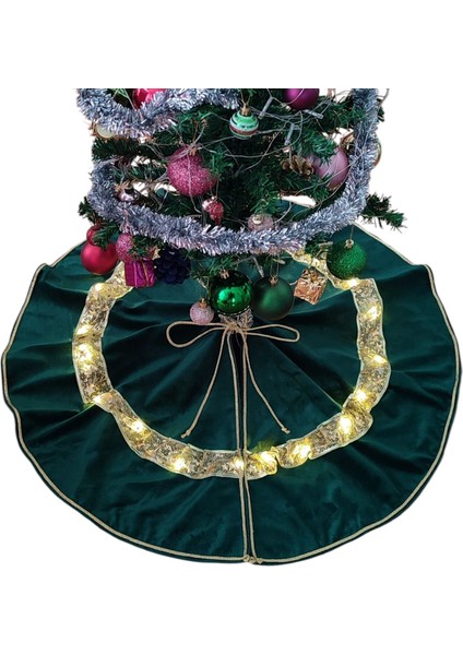 LED Işıklı Yılbaşı Çam Ağacı Altı Örtüsü, Yılbaşı Ağacı Altı Işıklı Örtü, Yeşil Renk, Kadife, 80 cm