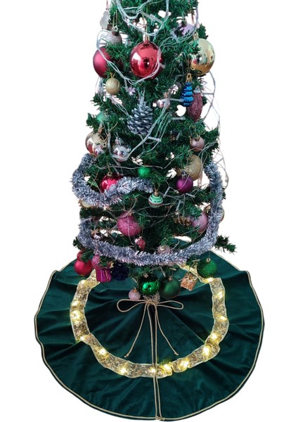 LED Işıklı Yılbaşı Çam Ağacı Altı Örtüsü, Yılbaşı Ağacı Altı Işıklı Örtü, Yeşil Renk, Kadife, 80 cm