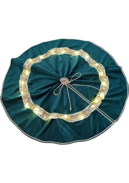 LED Işıklı Yılbaşı Çam Ağacı Altı Örtüsü, Yılbaşı Ağacı Altı Işıklı Örtü, Yeşil Renk, Kadife, 80 cm