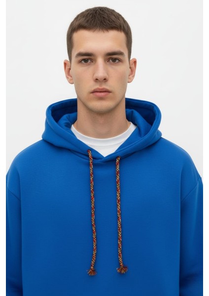 Erkek Pamuklu Düz Renk Üç Ip Şardonlu Basic Kapüşonlu Sweatshirt