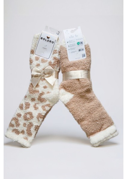 Kadın Peluş Pofuduk Çorap 2'li Set Peluş Ev Çorabı, Uyku Çorabı