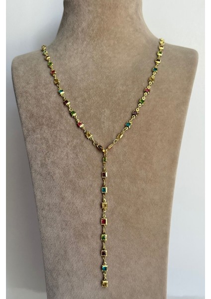 Vip Renkli Minimal Kare Taşlı Y Kolye