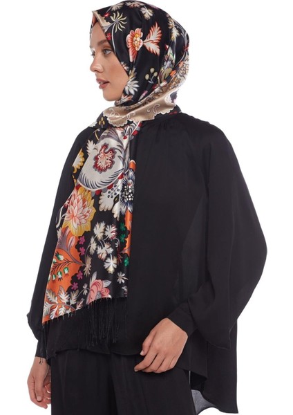 Ipekevi Desenli Ipek Şal - Taç Yaprak Desenli - Siyah