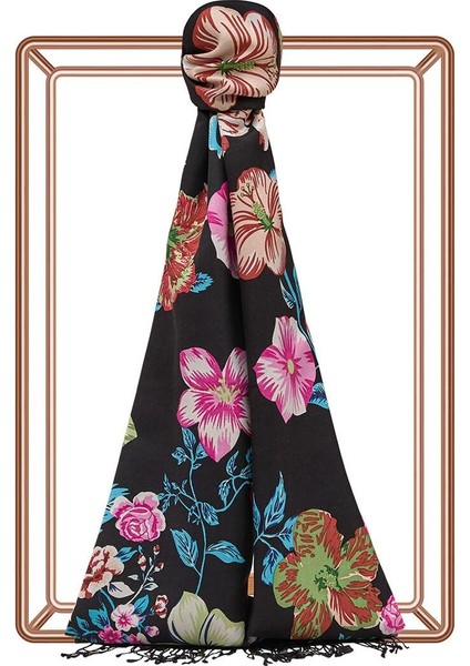 Ipekevi Desenli Ipek Şal - Petunya Desenli - Siyah