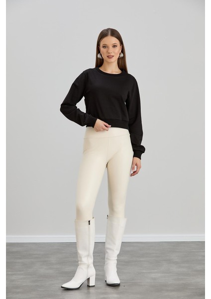 Kadın Bisiklet Yaka Iki Iplik Basic Siyah Crop Sweatshirt