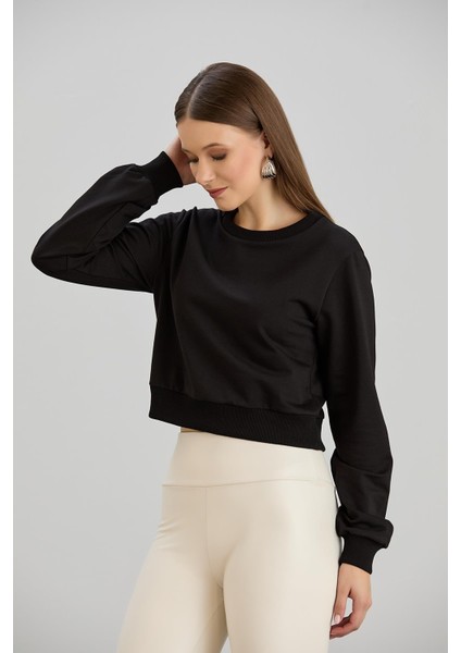 Kadın Bisiklet Yaka Iki Iplik Basic Siyah Crop Sweatshirt fiyatları