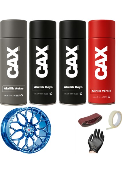 Metalik Mavi Araba Jant Sprey Akrilik Özel Yapım Sprey Boya Seti 400 ml Bant-Zımpara-Eldiven