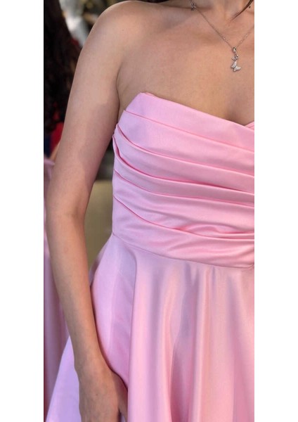 Pembe Straplez Yaka Sırt Dekolteli Kloş Etekli Saten Uzun Abiye Elbise 11120-01 fırsatları