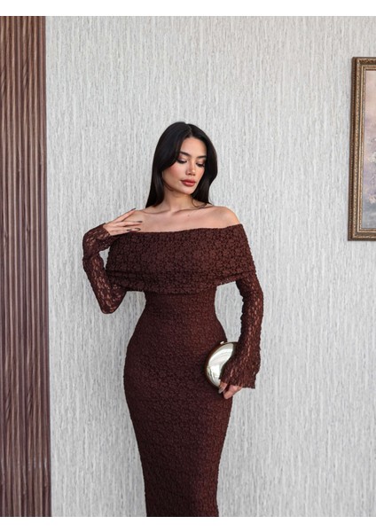 Açık Omuz Güpür Desenli Uzun Elbise fiyatları