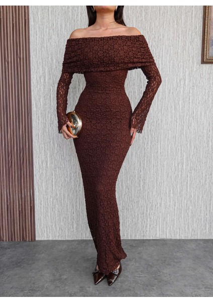 Açık Omuz Güpür Desenli Uzun Elbise modelleri