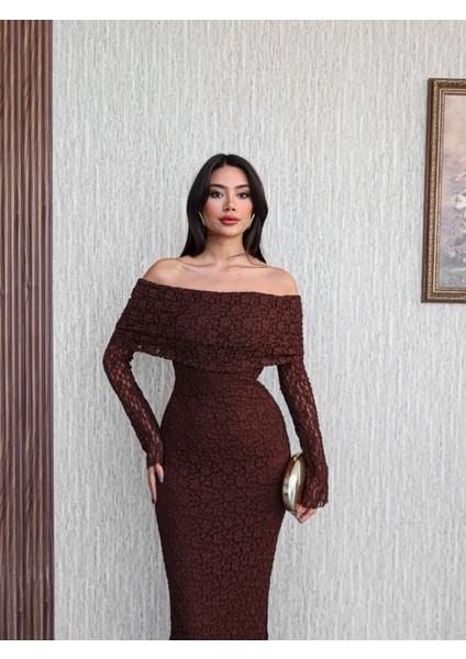 Açık Omuz Güpür Desenli Uzun Elbise fırsatları