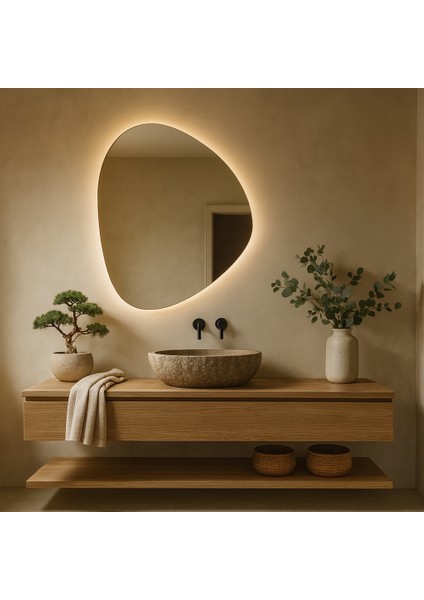 Zenna LED Ayna – Doğal Taş Formlu Asimetrik Duvar Aynası