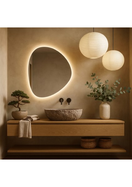 Zenna LED Ayna – Doğal Taş Formlu Asimetrik Duvar Aynası modelleri