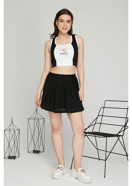 Kadın Deri Crop Ribana Kaşkorse Likralı Deri Garnili Baskılı Crop Büstiyer Deri Üzeri Baskılı Crop fiyatları