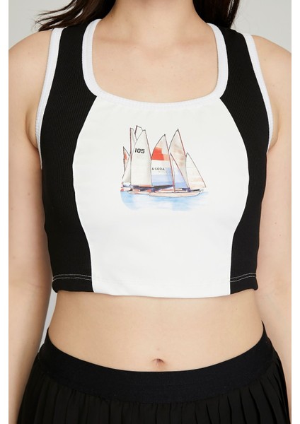 Kadın Deri Crop Ribana Kaşkorse Likralı Deri Garnili Baskılı Crop Büstiyer Deri Üzeri Baskılı Crop indirimleri