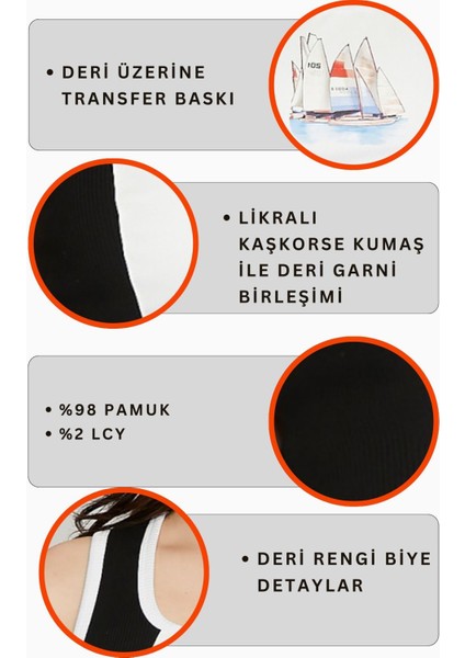 Kadın Deri Crop Ribana Kaşkorse Likralı Deri Garnili Baskılı Crop Büstiyer Deri Üzeri Baskılı Crop