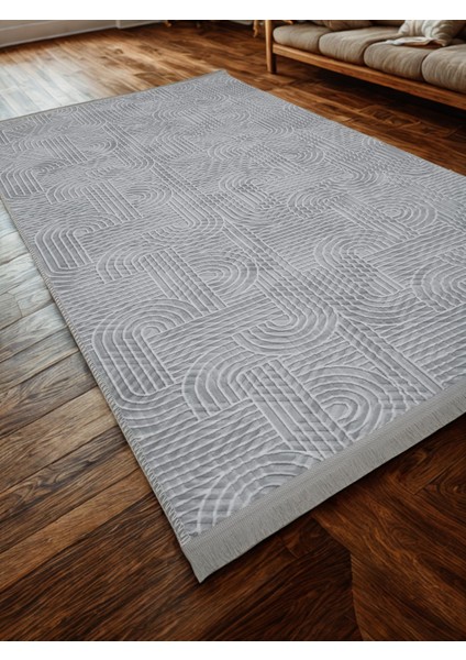 Smart Diamond Gri Saçaklı Kabartmalı Yıkanabilir Kaymaz Taban Kesme Yolluk Halı