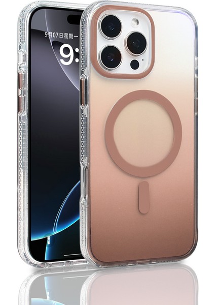 iPhone 16 Pro Max Kılıf M-Safe Şarj Özellikli Transparan Renk Geçişli Omsy Toros Kapak - Rose Gold